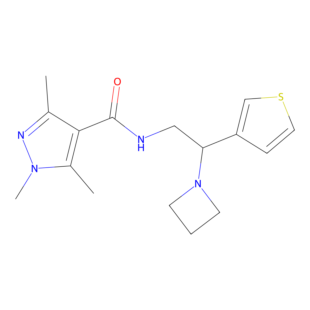 N-(2-(azetidin-1-yl)-2-(thiophen-3-yl)ethyl)-1,3,5-trimethyl-1H-pyrazole-4-carboxamide molecular structure, CAS 2034598-03-1