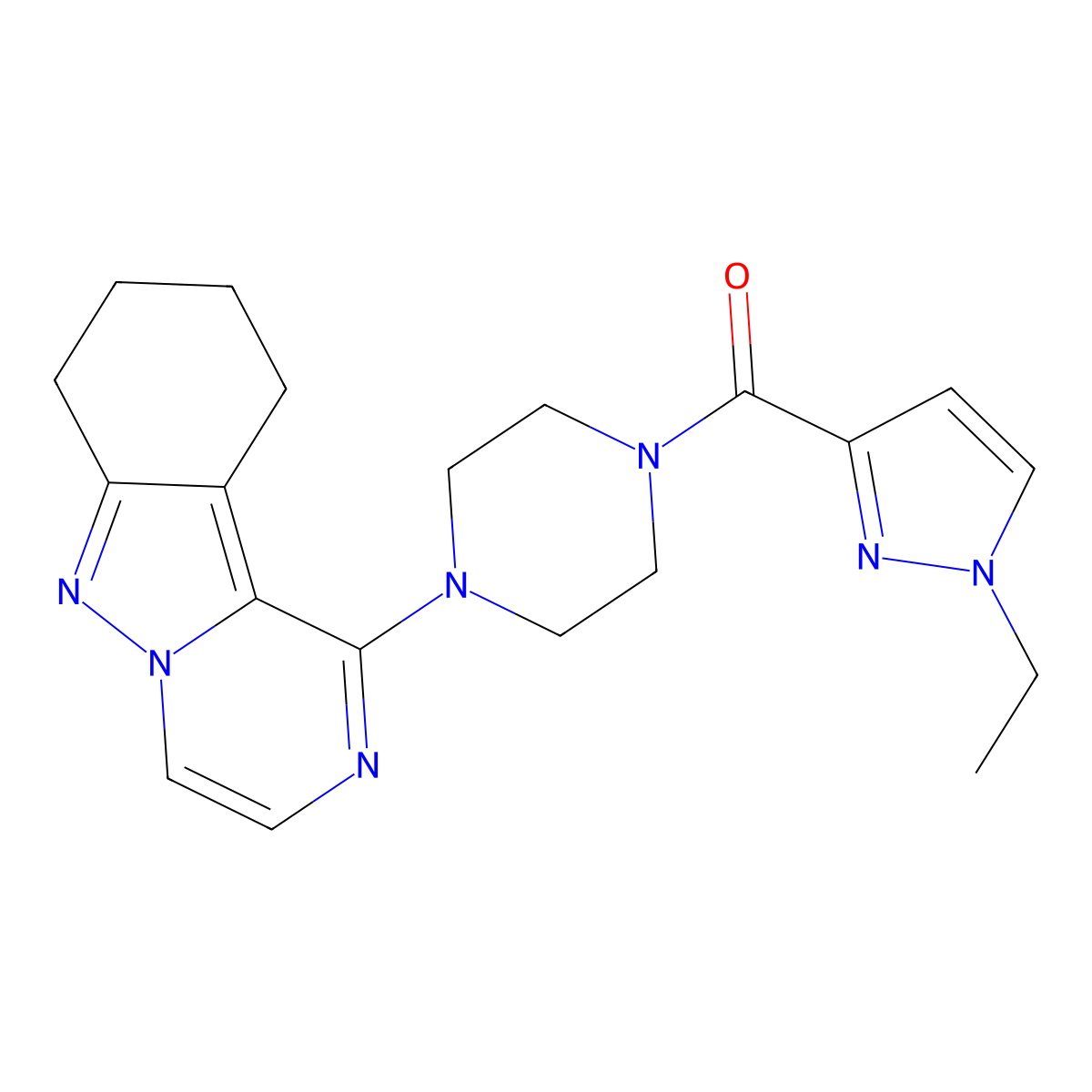 (1-ethyl-1H-pyrazol-3-yl)(4-(7,8,9,10-tetrahydropyrazino[1,2-b]indazol-1-yl)piperazin-1-yl)methanone molecular structure, CAS 2034598-18-8