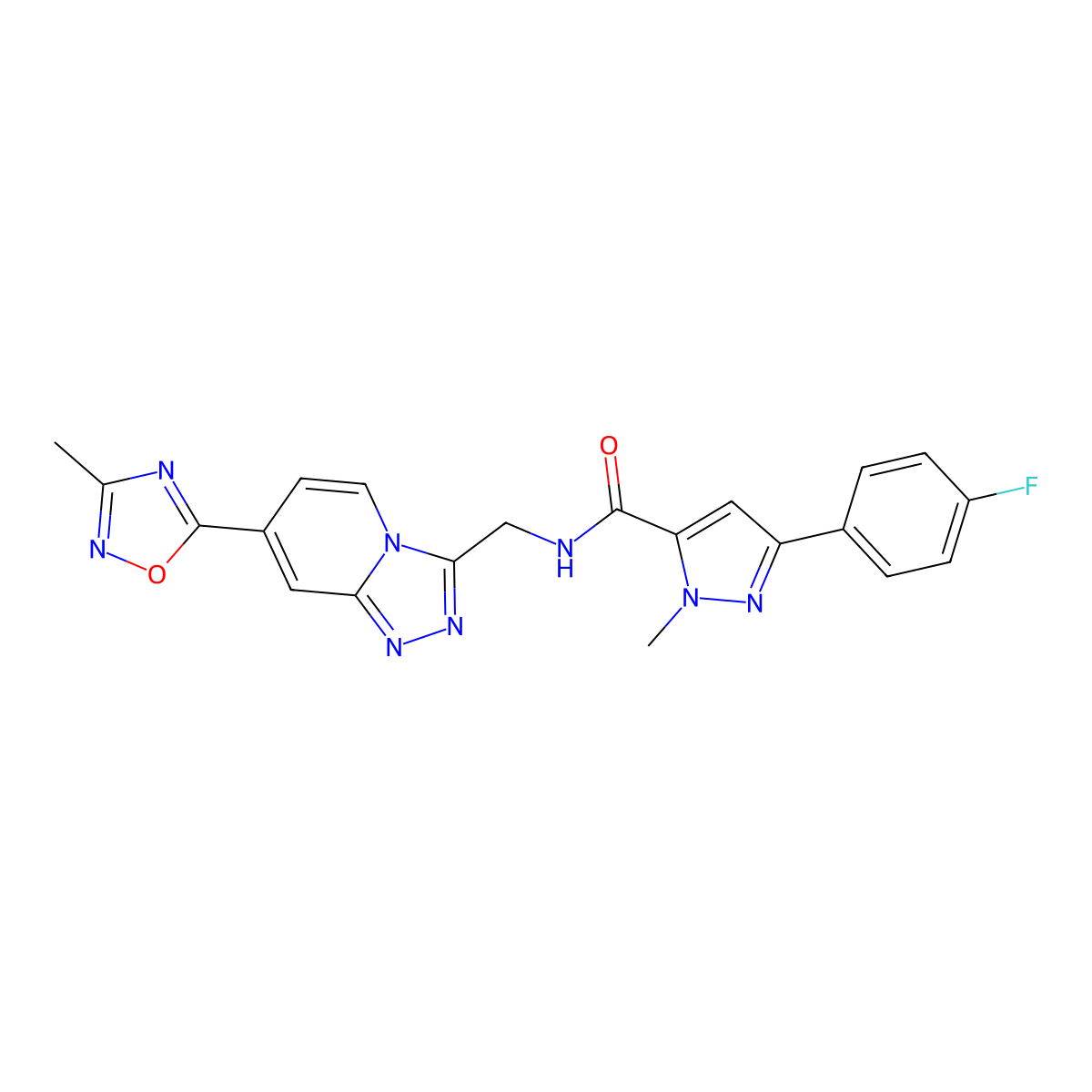 3-(4-fluorophenyl)-1-methyl-N-((7-(3-methyl-1,2,4-oxadiazol-5-yl)-[1,2,4]triazolo[4,3-a]pyridin-3-yl)methyl)-1H-pyrazole-5-carboxamide molecular structure, CAS 2034598-27-9