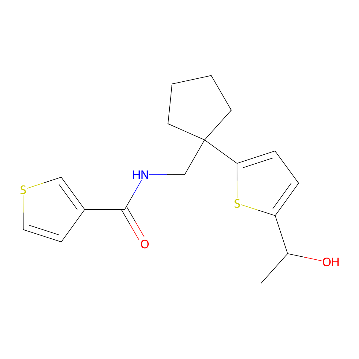 N-((1-(5-(1-hydroxyethyl)thiophen-2-yl)cyclopentyl)methyl)thiophene-3-carboxamide molecular structure, CAS 2034598-28-0