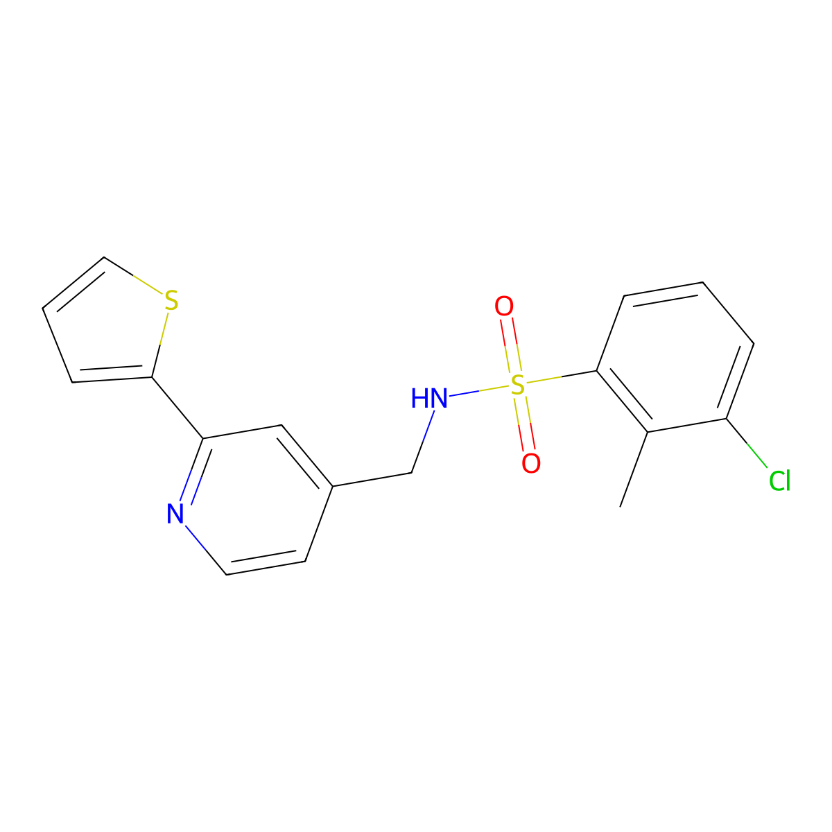 3-chloro-2-methyl-N-((2-(thiophen-2-yl)pyridin-4-yl)methyl)benzenesulfonamide molecular structure, CAS 2034598-32-6