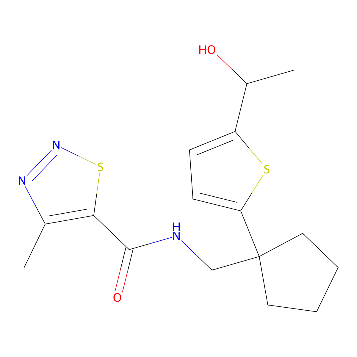 N-((1-(5-(1-hydroxyethyl)thiophen-2-yl)cyclopentyl)methyl)-4-methyl-1,2,3-thiadiazole-5-carboxamide molecular structure, CAS 2034598-38-2