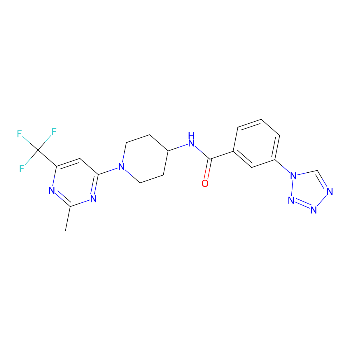 N-(1-(2-methyl-6-(trifluoromethyl)pyrimidin-4-yl)piperidin-4-yl)-3-(1H-tetrazol-1-yl)benzamide molecular structure, CAS 2034598-41-7