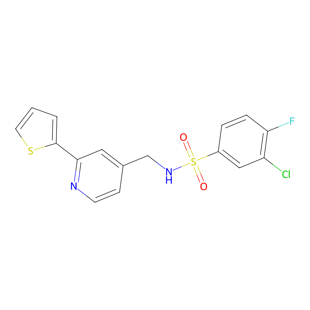 3-chloro-4-fluoro-N-((2-(thiophen-2-yl)pyridin-4-yl)methyl)benzenesulfonamide molecular structure, CAS 2034598-44-0