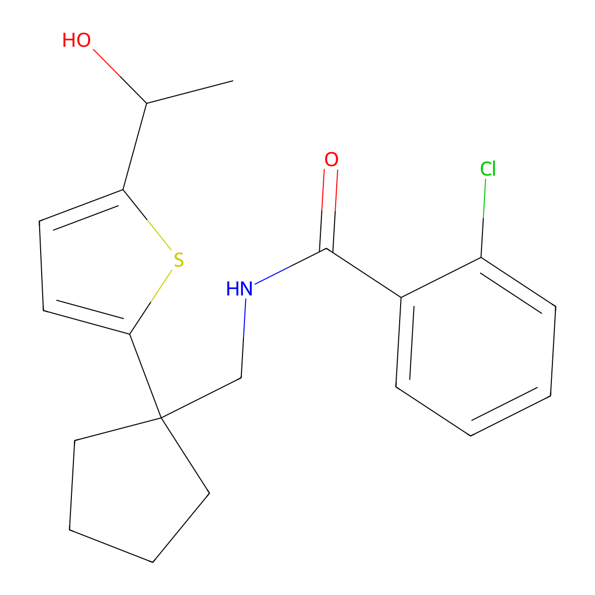 2-chloro-N-((1-(5-(1-hydroxyethyl)thiophen-2-yl)cyclopentyl)methyl)benzamide molecular structure, CAS 2034598-47-3