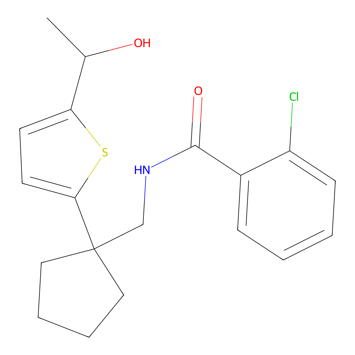 2-chloro-N-((1-(5-(1-hydroxyethyl)thiophen-2-yl)cyclopentyl)methyl)benzamide molecular structure, CAS 2034598-47-3