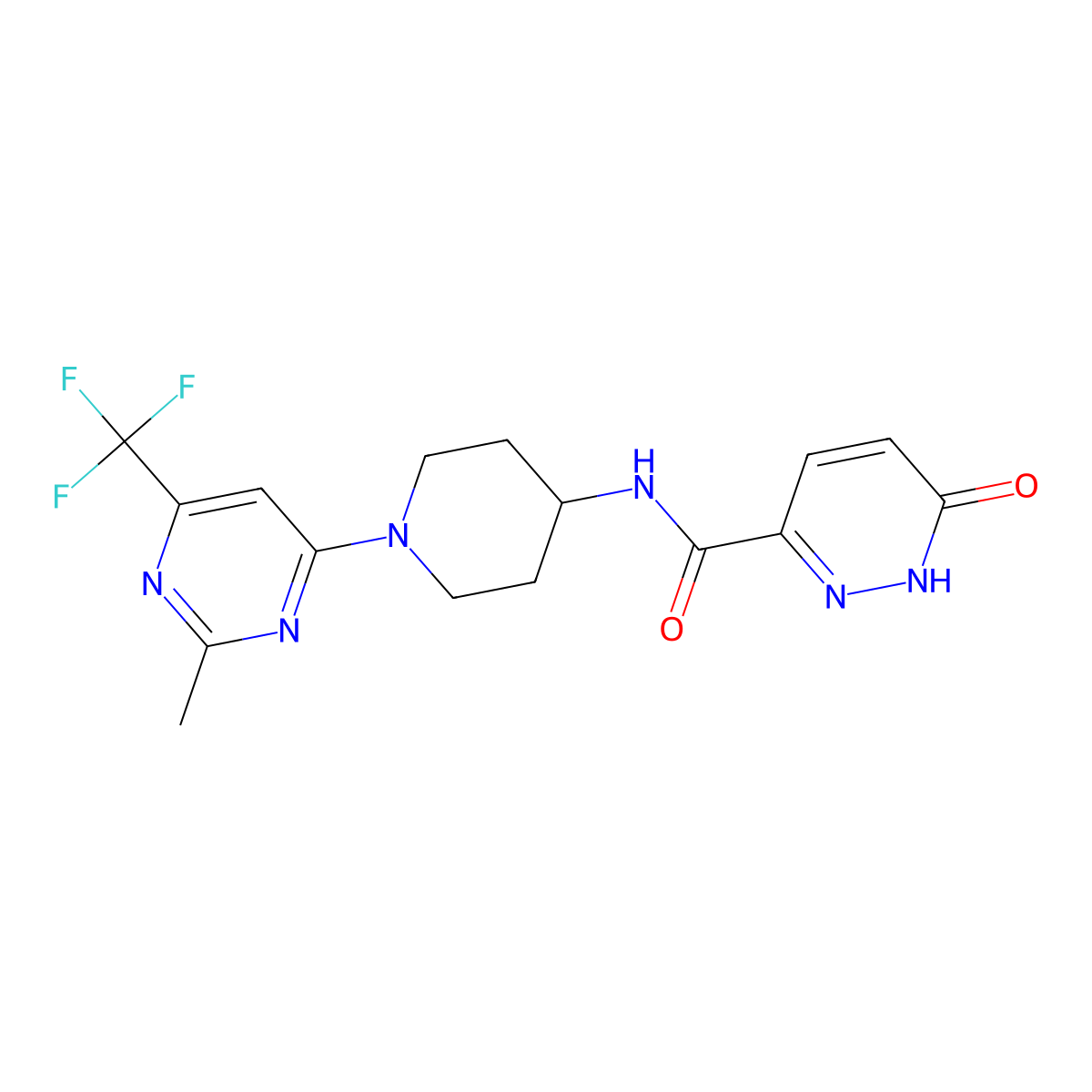N-(1-(2-methyl-6-(trifluoromethyl)pyrimidin-4-yl)piperidin-4-yl)-6-oxo-1,6-dihydropyridazine-3-carboxamide molecular structure, CAS 2034598-52-0