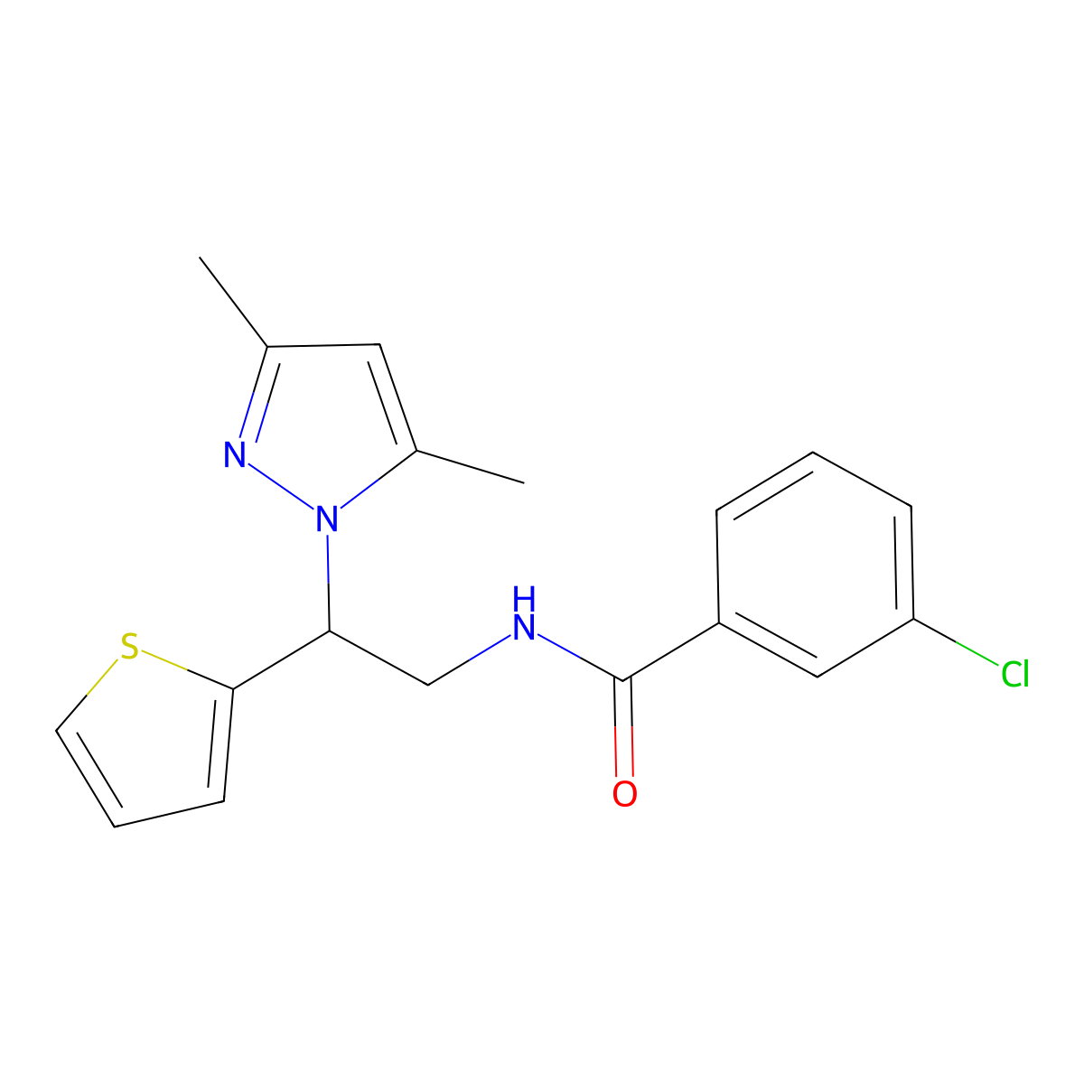 3-chloro-N-[2-(3,5-dimethyl-1H-pyrazol-1-yl)-2-(thiophen-2-yl)ethyl]benzamide molecular structure, CAS 2034598-56-4