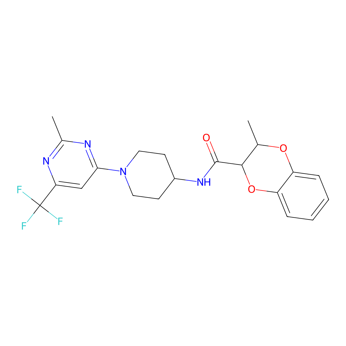 3-methyl-N-(1-(2-methyl-6-(trifluoromethyl)pyrimidin-4-yl)piperidin-4-yl)-2,3-dihydrobenzo[b][1,4]dioxine-2-carboxamide molecular structure, CAS 2034598-71-3