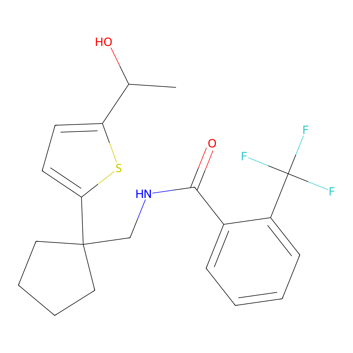 N-((1-(5-(1-hydroxyethyl)thiophen-2-yl)cyclopentyl)methyl)-2-(trifluoromethyl)benzamide molecular structure, CAS 2034598-78-0