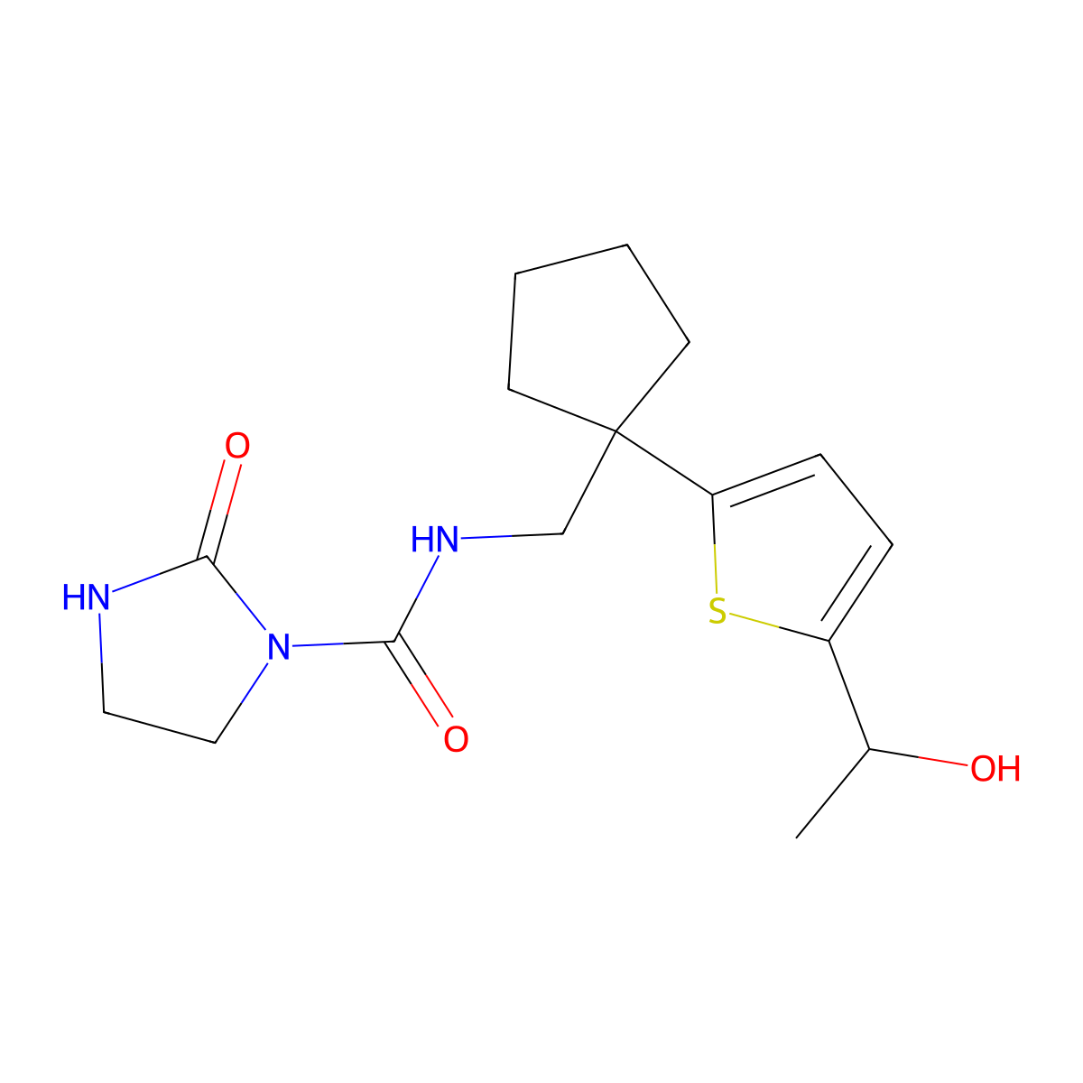 N-((1-(5-(1-hydroxyethyl)thiophen-2-yl)cyclopentyl)methyl)-2-oxoimidazolidine-1-carboxamide molecular structure, CAS 2034599-05-6