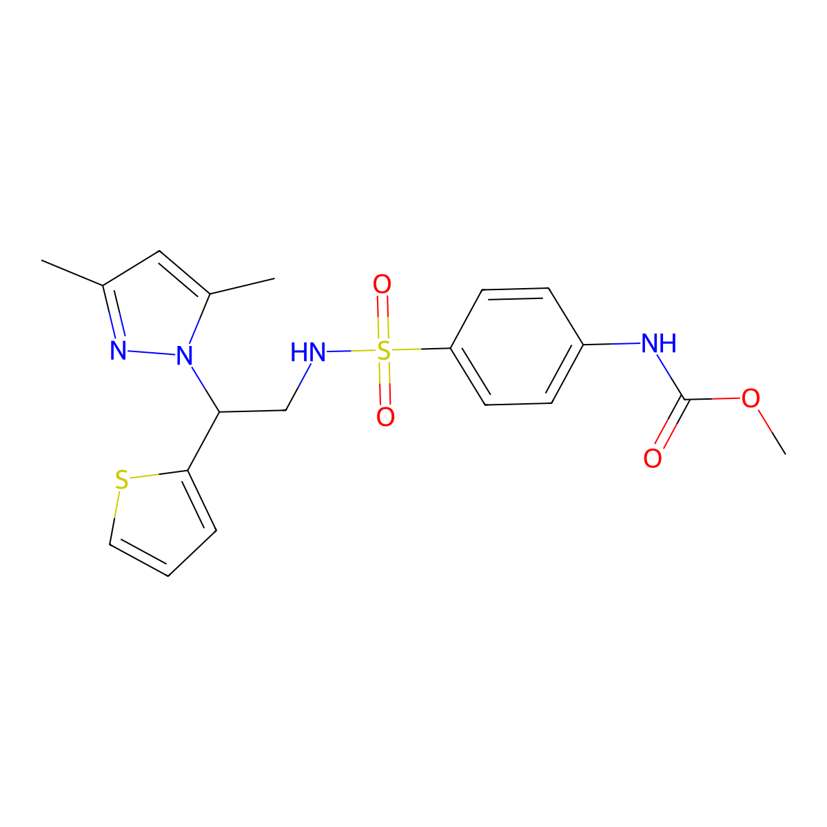 methyl (4-(N-(2-(3,5-dimethyl-1H-pyrazol-1-yl)-2-(thiophen-2-yl)ethyl)sulfamoyl)phenyl)carbamate molecular structure, CAS 2034599-11-4