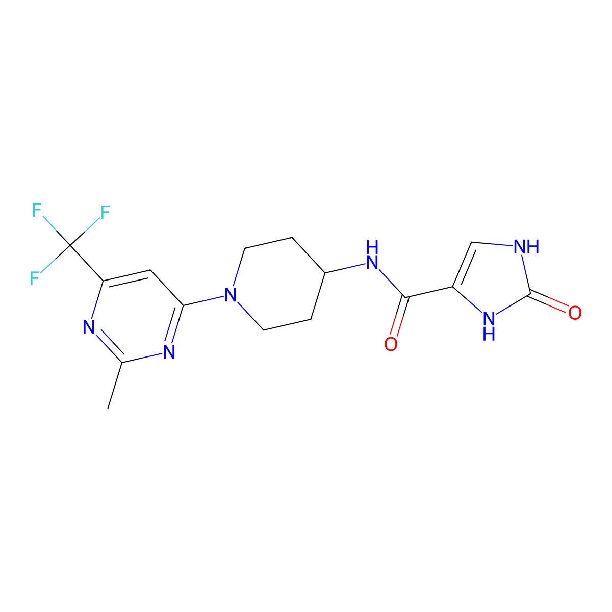 N-(1-(2-methyl-6-(trifluoromethyl)pyrimidin-4-yl)piperidin-4-yl)-2-oxo-2,3-dihydro-1H-imidazole-4-carboxamide molecular structure, CAS 2034599-17-0