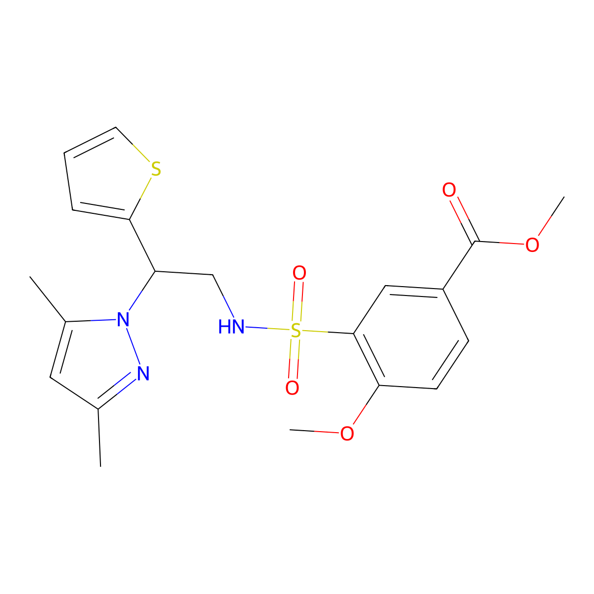 methyl 3-(N-(2-(3,5-dimethyl-1H-pyrazol-1-yl)-2-(thiophen-2-yl)ethyl)sulfamoyl)-4-methoxybenzoate molecular structure, CAS 2034599-22-7