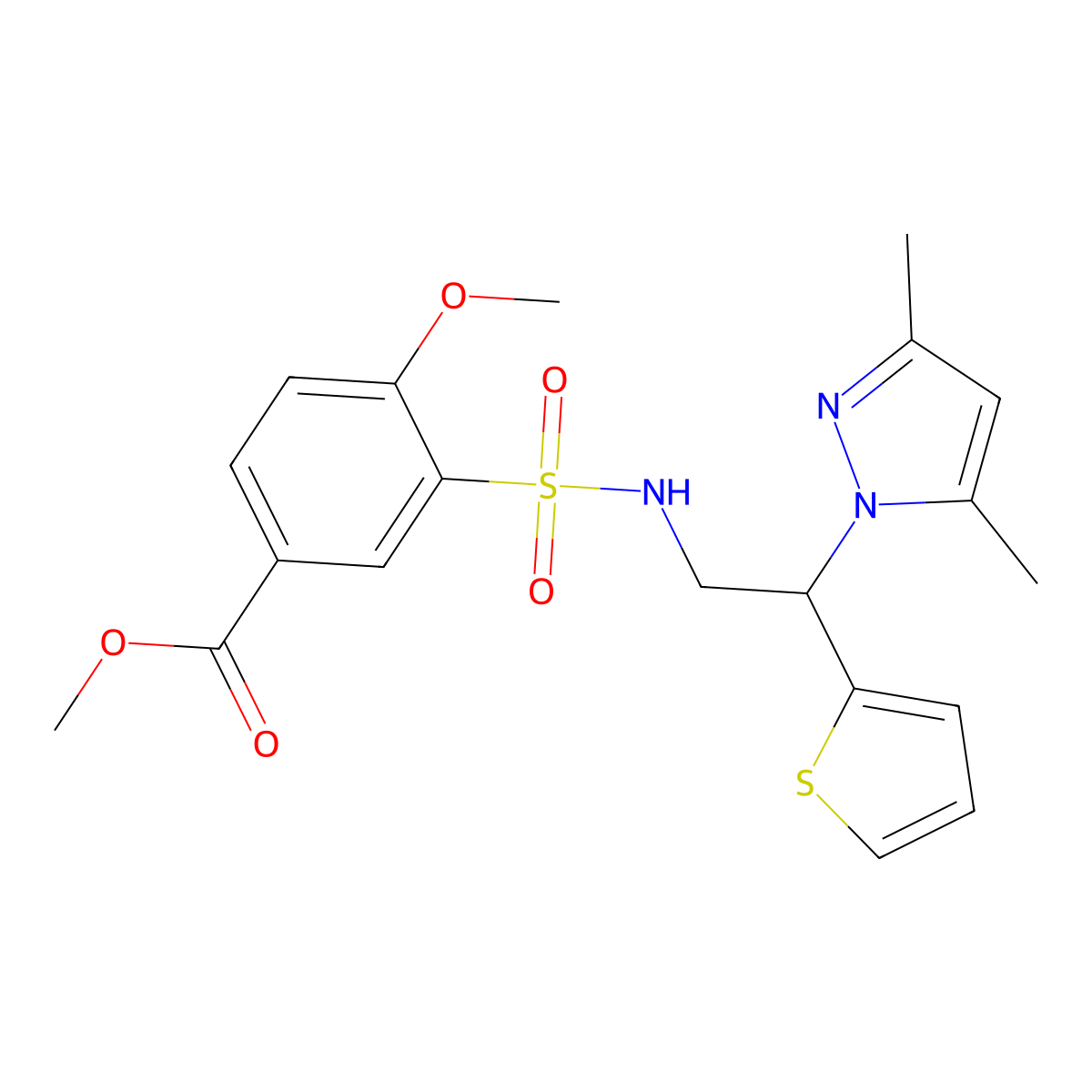 methyl 3-(N-(2-(3,5-dimethyl-1H-pyrazol-1-yl)-2-(thiophen-2-yl)ethyl)sulfamoyl)-4-methoxybenzoate molecular structure, CAS 2034599-22-7