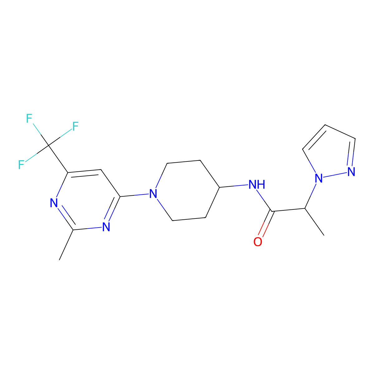 N-{1-[2-methyl-6-(trifluoromethyl)pyrimidin-4-yl]piperidin-4-yl}-2-(1H-pyrazol-1-yl)propanamide molecular structure, CAS 2034599-38-5