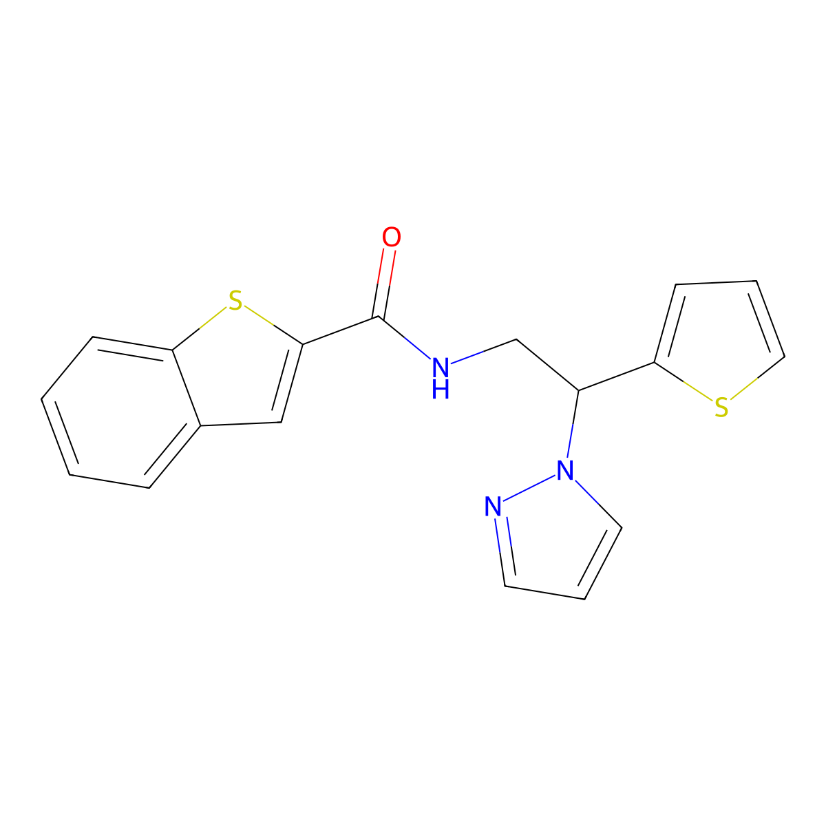 N-(2-(1H-pyrazol-1-yl)-2-(thiophen-2-yl)ethyl)benzo[b]thiophene-2-carboxamide molecular structure, CAS 2034599-55-6