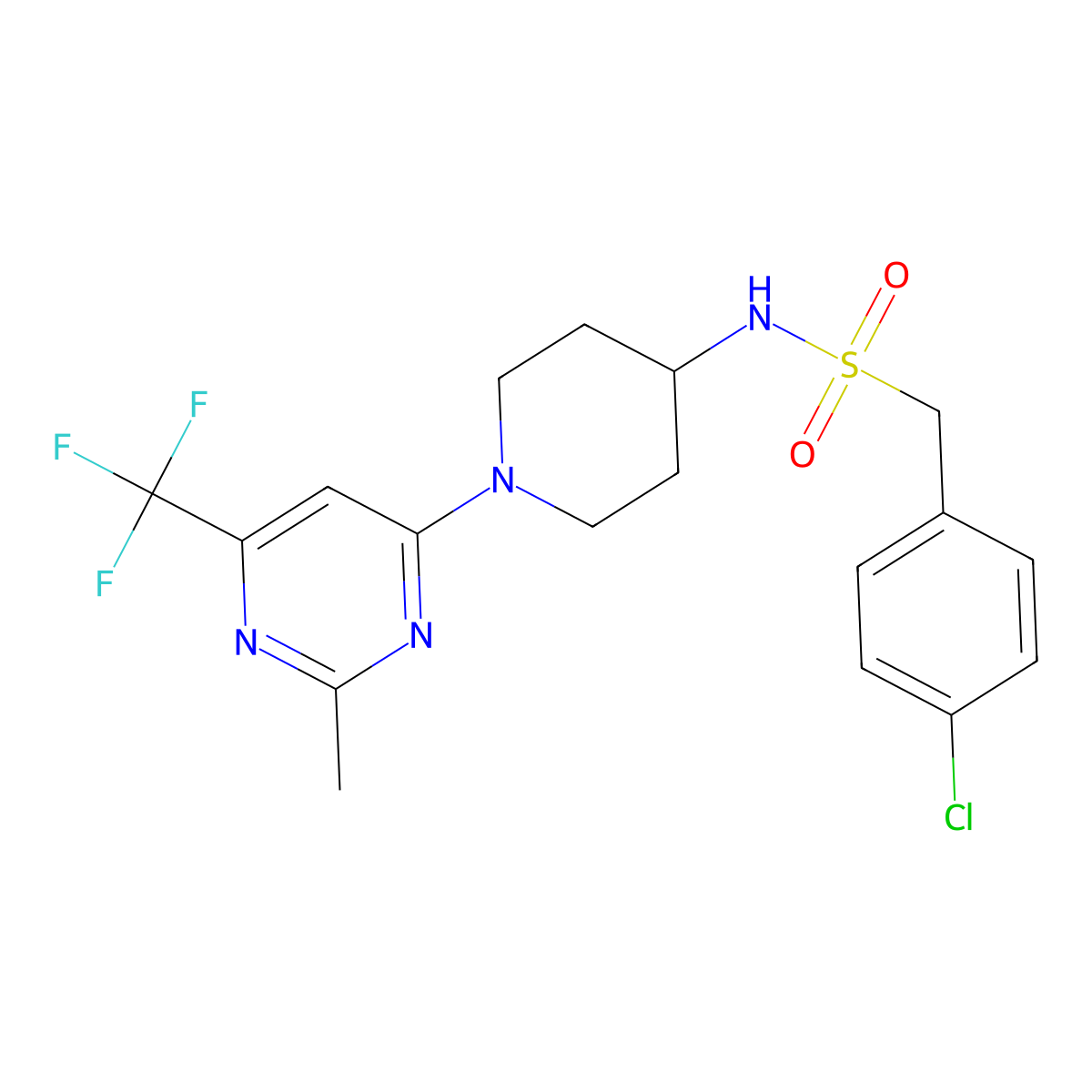1-(4-chlorophenyl)-N-(1-(2-methyl-6-(trifluoromethyl)pyrimidin-4-yl)piperidin-4-yl)methanesulfonamide molecular structure, CAS 2034599-68-1