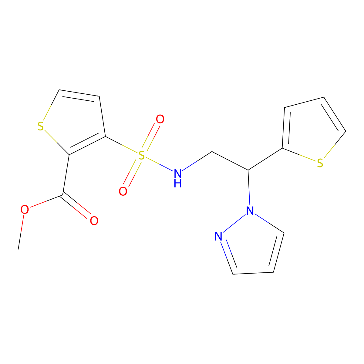 methyl 3-(N-(2-(1H-pyrazol-1-yl)-2-(thiophen-2-yl)ethyl)sulfamoyl)thiophene-2-carboxylate molecular structure, CAS 2034599-71-6
