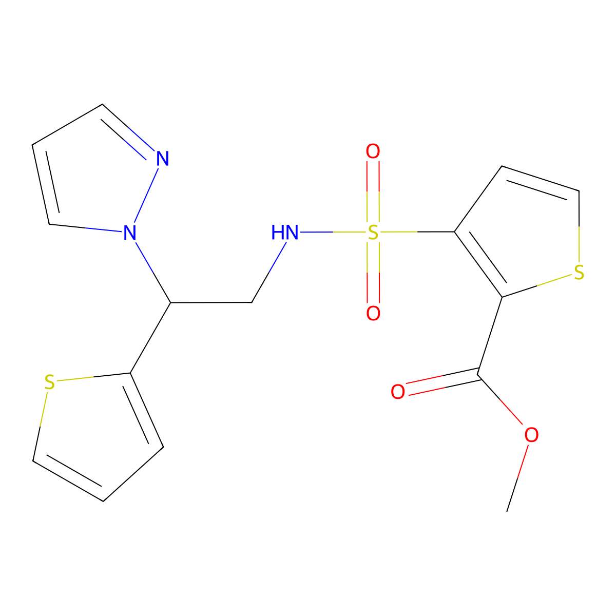 methyl 3-(N-(2-(1H-pyrazol-1-yl)-2-(thiophen-2-yl)ethyl)sulfamoyl)thiophene-2-carboxylate molecular structure, CAS 2034599-71-6