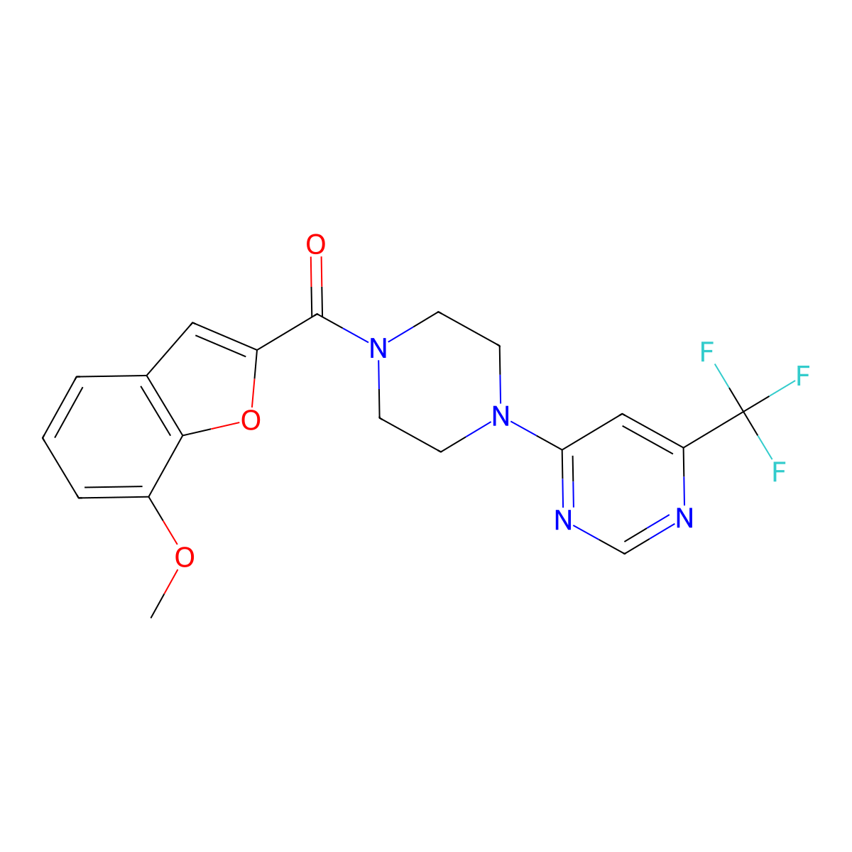 (7-Methoxybenzofuran-2-yl)(4-(6-(trifluoromethyl)pyrimidin-4-yl)piperazin-1-yl)methanone molecular structure, CAS 2034600-03-6