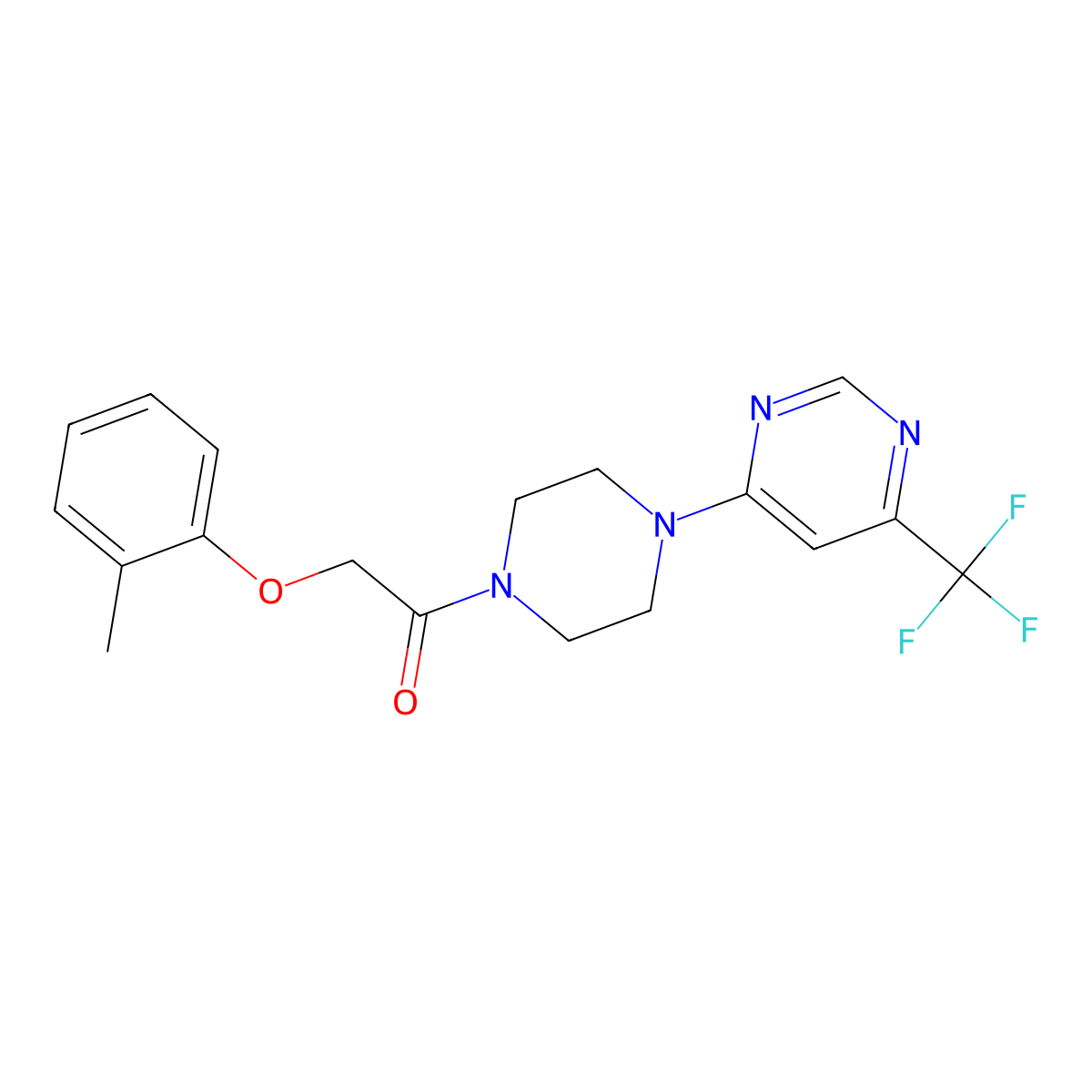 2-(o-Tolyloxy)-1-(4-(6-(trifluoromethyl)pyrimidin-4-yl)piperazin-1-yl)ethanone molecular structure, CAS 2034600-16-1