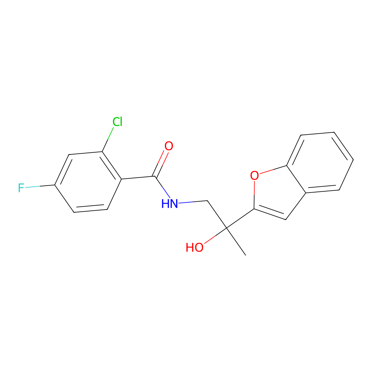 N-(2-(benzofuran-2-yl)-2-hydroxypropyl)-2-chloro-4-fluorobenzamide molecular structure, CAS 2034600-21-8