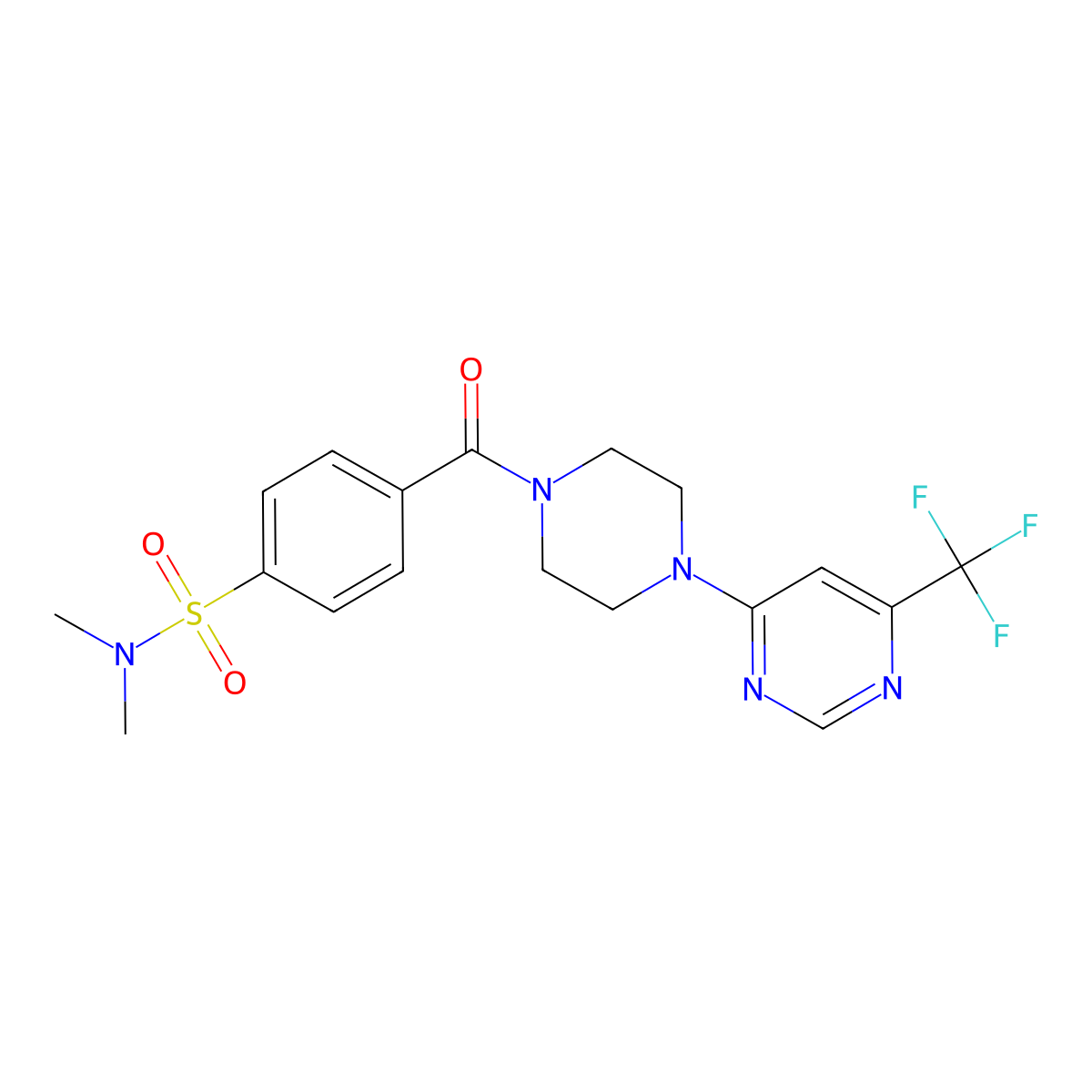N,N-dimethyl-4-(4-(6-(trifluoromethyl)pyrimidin-4-yl)piperazine-1-carbonyl)benzenesulfonamide molecular structure, CAS 2034600-22-9