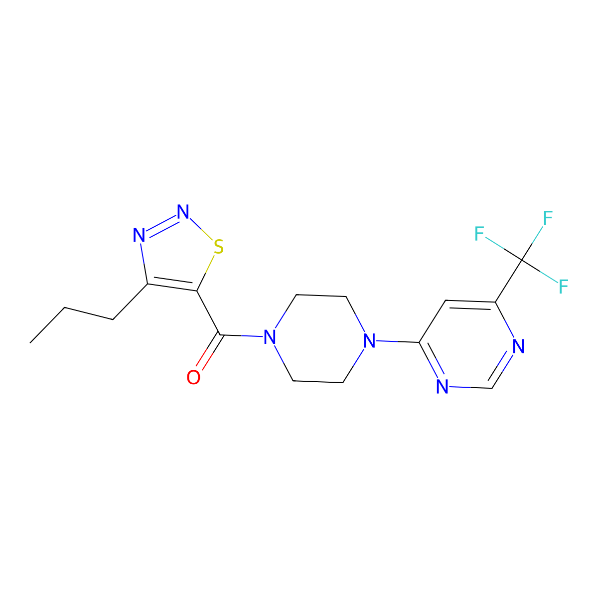 (4-Propyl-1,2,3-thiadiazol-5-yl)(4-(6-(trifluoromethyl)pyrimidin-4-yl)piperazin-1-yl)methanone molecular structure, CAS 2034600-34-3