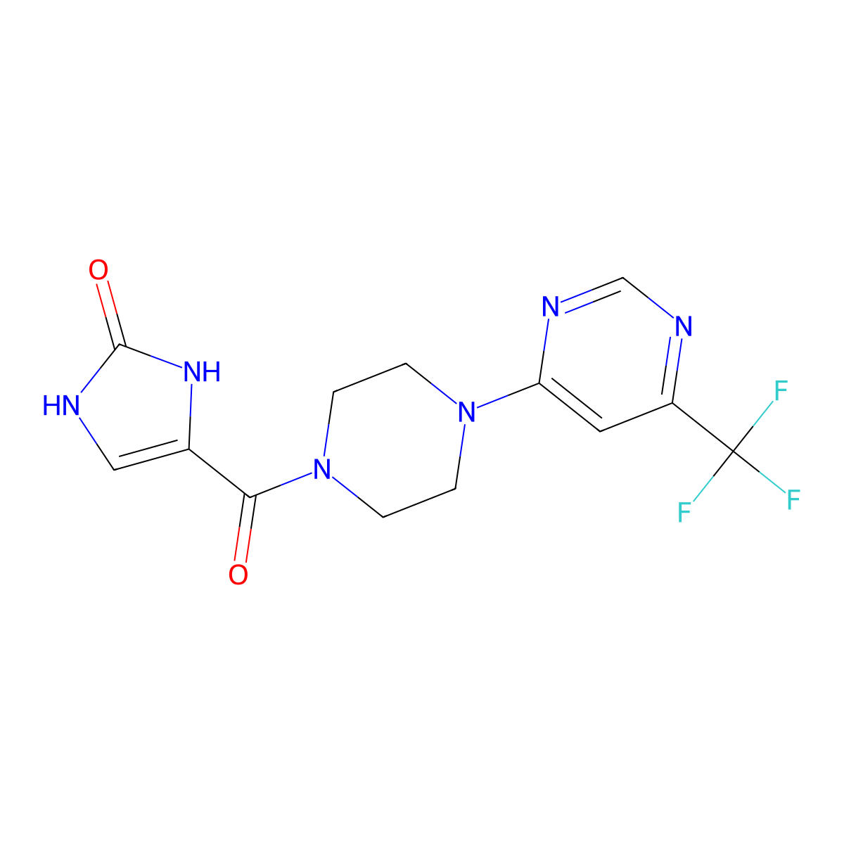 4-(4-(6-(trifluoromethyl)pyrimidin-4-yl)piperazine-1-carbonyl)-1H-imidazol-2(3H)-one molecular structure, CAS 2034600-44-5