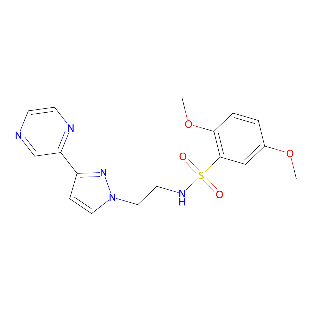 2,5-dimethoxy-N-(2-(3-(pyrazin-2-yl)-1H-pyrazol-1-yl)ethyl)benzenesulfonamide molecular structure, CAS 2034600-48-9