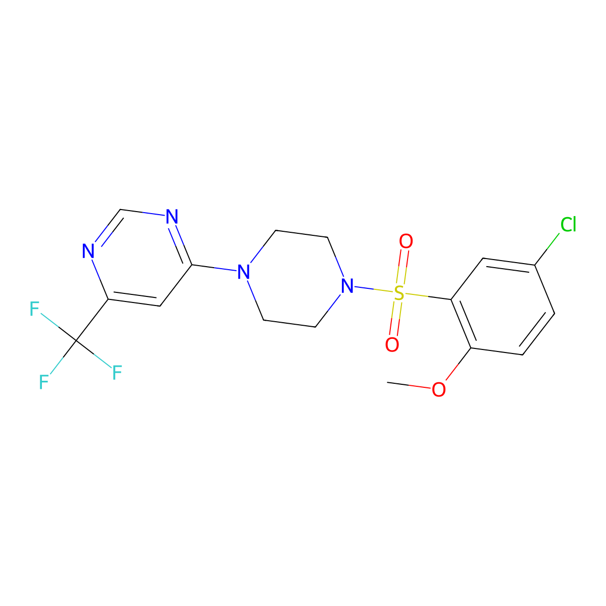 4-(4-((5-Chloro-2-methoxyphenyl)sulfonyl)piperazin-1-yl)-6-(trifluoromethyl)pyrimidine molecular structure, CAS 2034600-56-9
