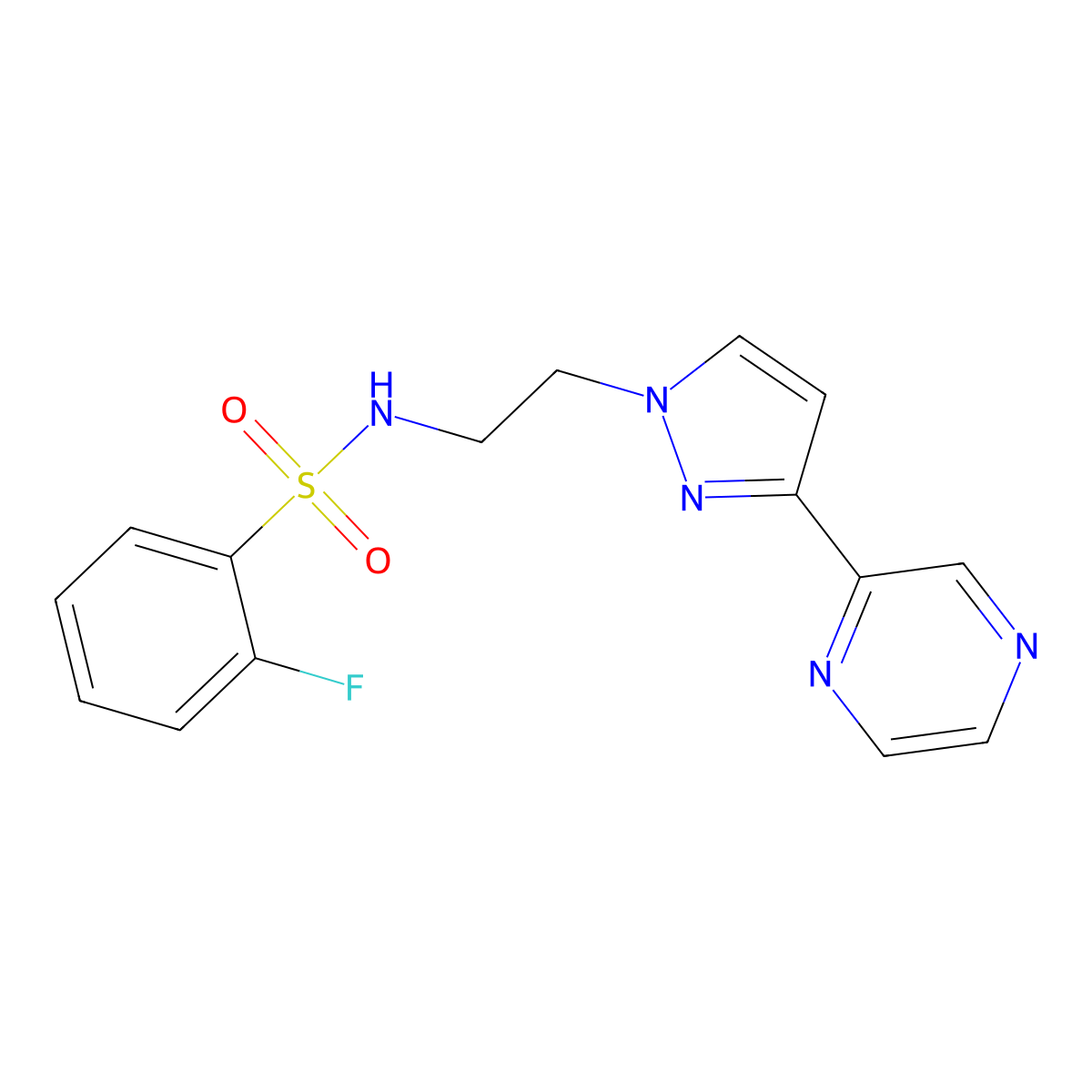 2-fluoro-N-(2-(3-(pyrazin-2-yl)-1H-pyrazol-1-yl)ethyl)benzenesulfonamide molecular structure, CAS 2034600-62-7