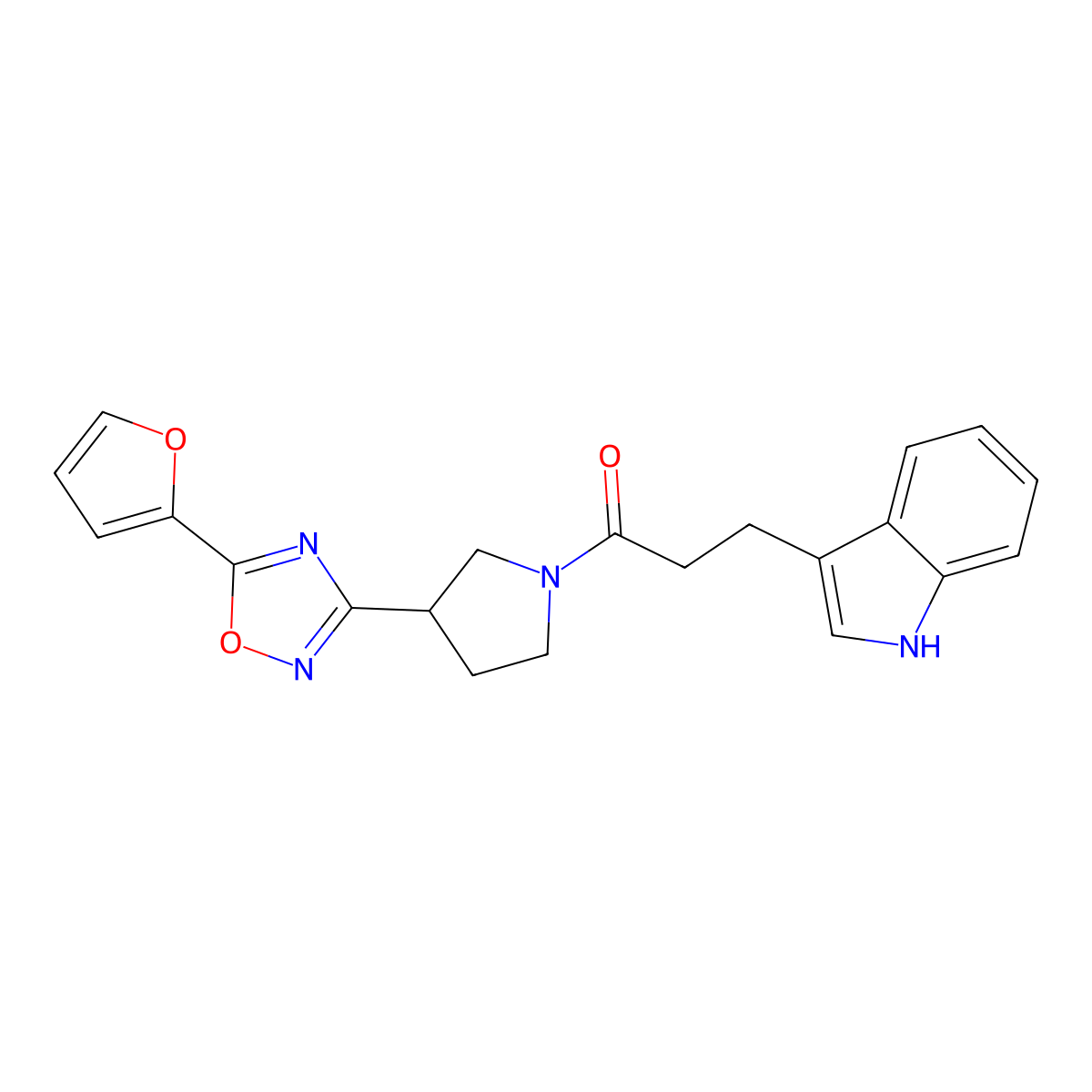 1-{3-[5-(furan-2-yl)-1,2,4-oxadiazol-3-yl]pyrrolidin-1-yl}-3-(1H-indol-3-yl)propan-1-one molecular structure, CAS 2034600-65-0