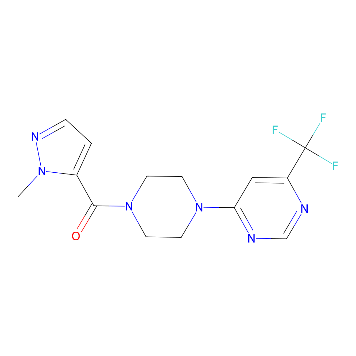 (1-methyl-1H-pyrazol-5-yl)(4-(6-(trifluoromethyl)pyrimidin-4-yl)piperazin-1-yl)methanone molecular structure, CAS 2034600-74-1