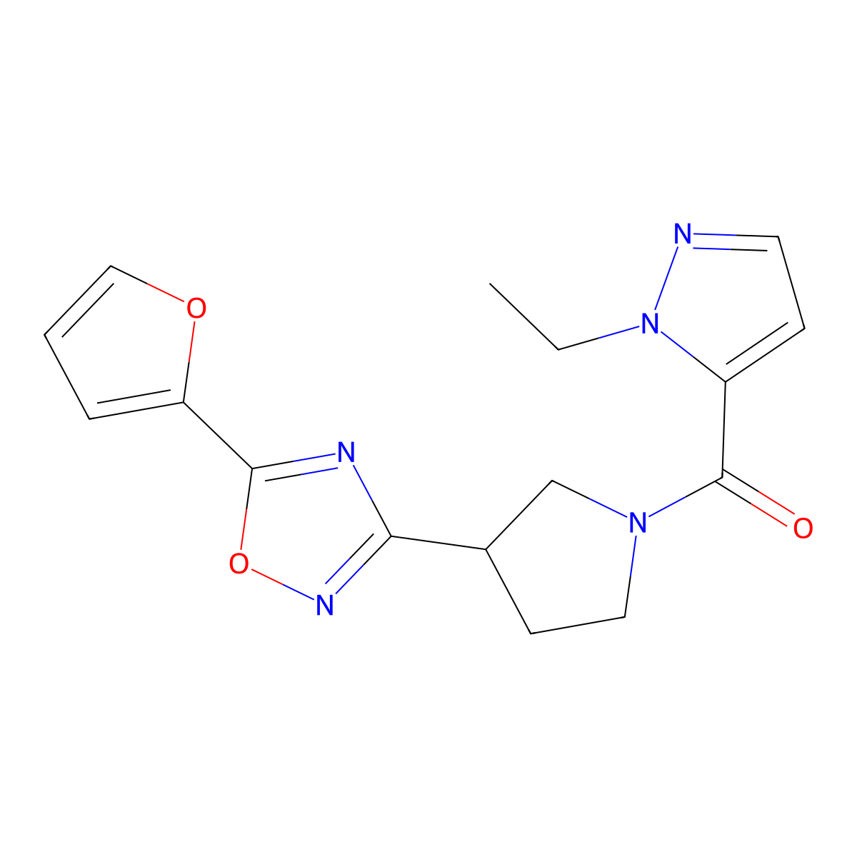 (1-ethyl-1H-pyrazol-5-yl)(3-(5-(furan-2-yl)-1,2,4-oxadiazol-3-yl)pyrrolidin-1-yl)methanone molecular structure, CAS 2034600-75-2