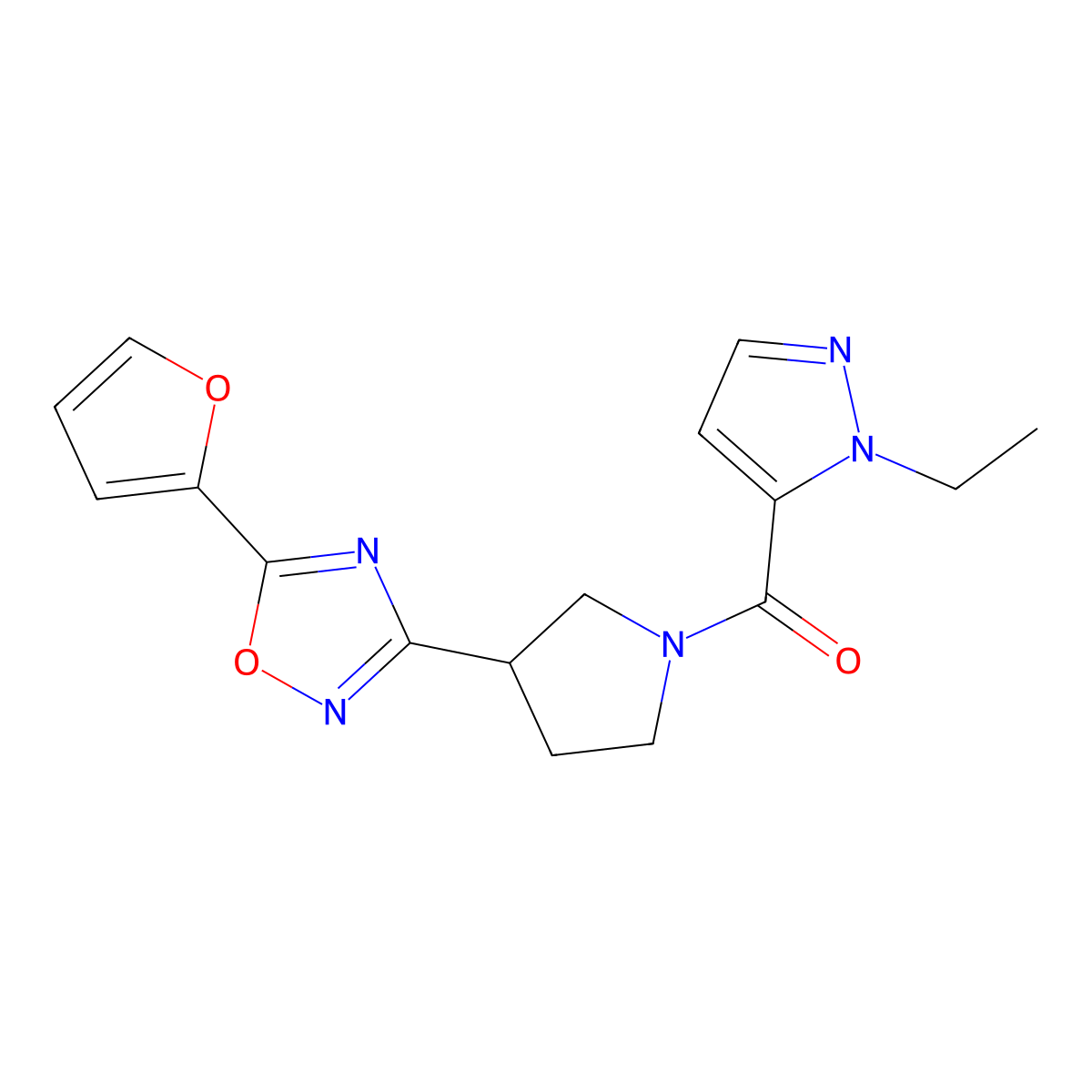 (1-ethyl-1H-pyrazol-5-yl)(3-(5-(furan-2-yl)-1,2,4-oxadiazol-3-yl)pyrrolidin-1-yl)methanone molecular structure, CAS 2034600-75-2