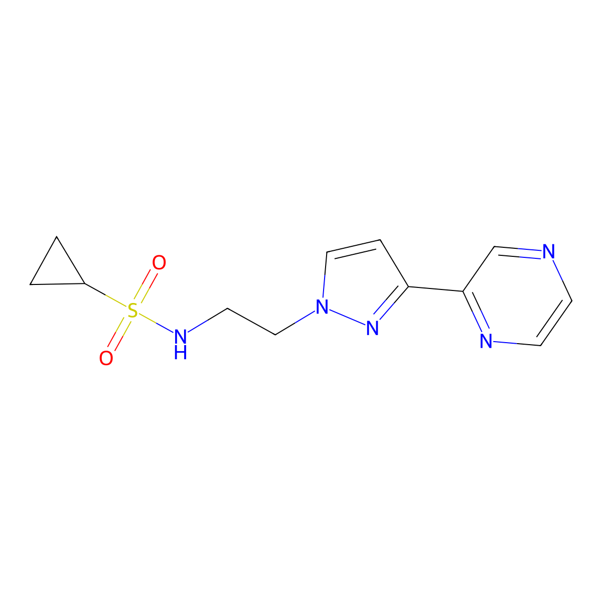 N-(2-(3-(pyrazin-2-yl)-1H-pyrazol-1-yl)ethyl)cyclopropanesulfonamide molecular structure, CAS 2034600-81-0