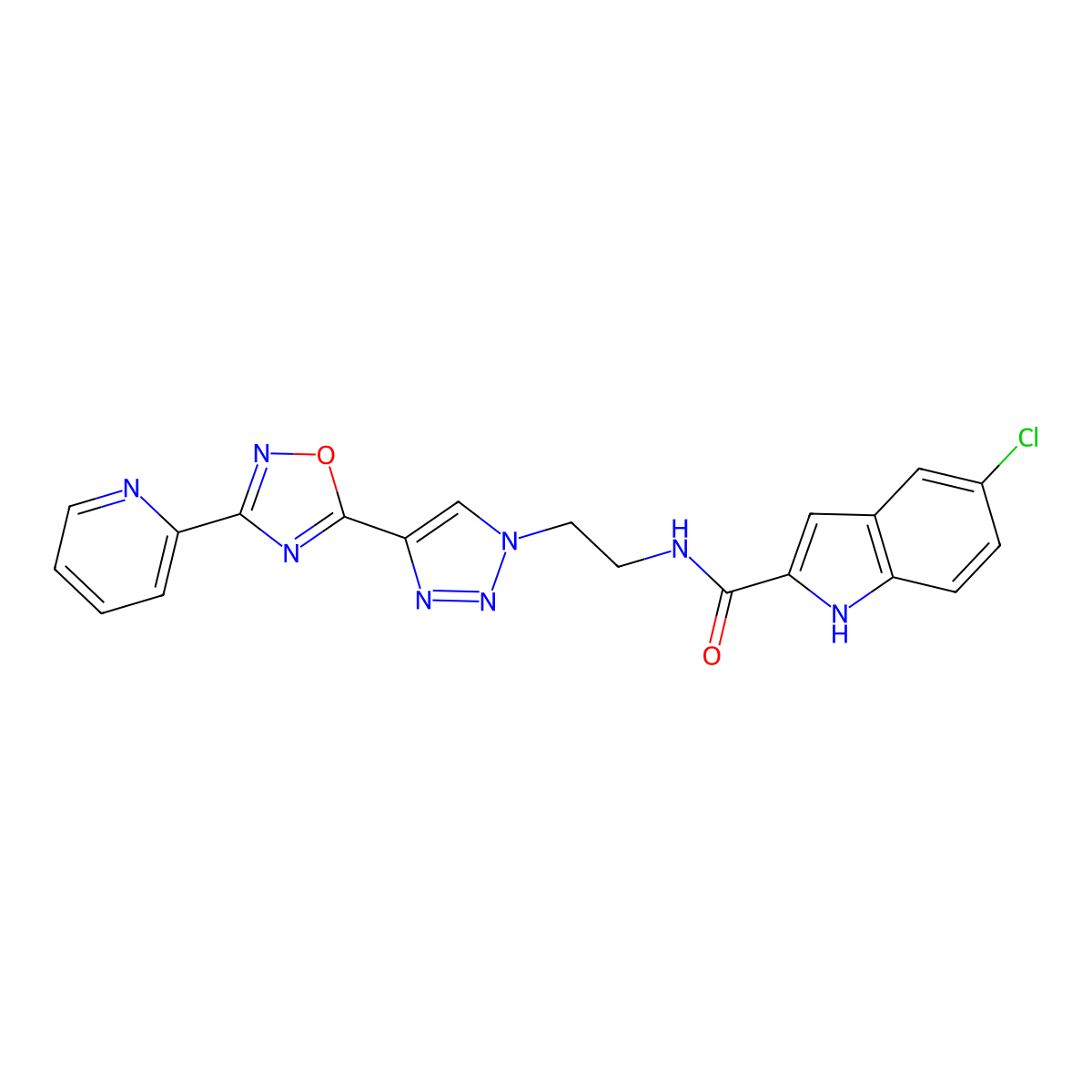 5-chloro-N-(2-(4-(3-(pyridin-2-yl)-1,2,4-oxadiazol-5-yl)-1H-1,2,3-triazol-1-yl)ethyl)-1H-indole-2-carboxamide molecular structure, CAS 2034600-89-8
