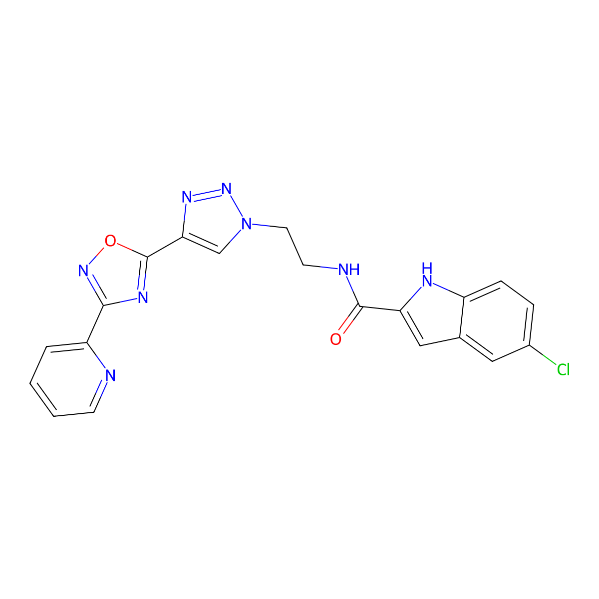 5-chloro-N-(2-(4-(3-(pyridin-2-yl)-1,2,4-oxadiazol-5-yl)-1H-1,2,3-triazol-1-yl)ethyl)-1H-indole-2-carboxamide molecular structure, CAS 2034600-89-8