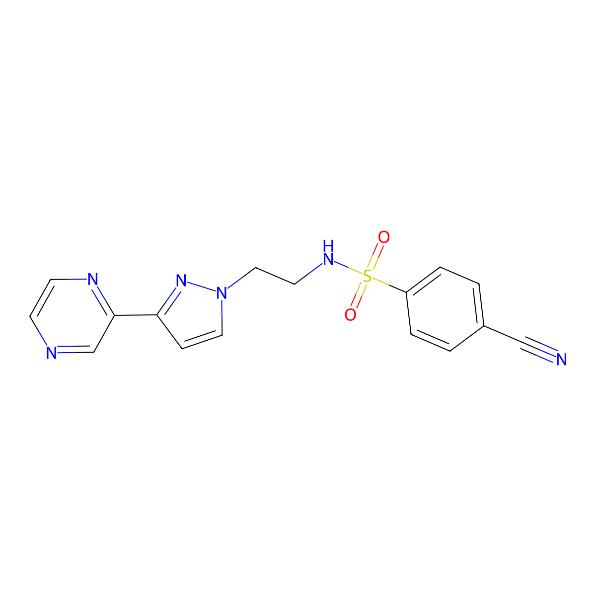 4-cyano-N-(2-(3-(pyrazin-2-yl)-1H-pyrazol-1-yl)ethyl)benzenesulfonamide molecular structure, CAS 2034600-99-0