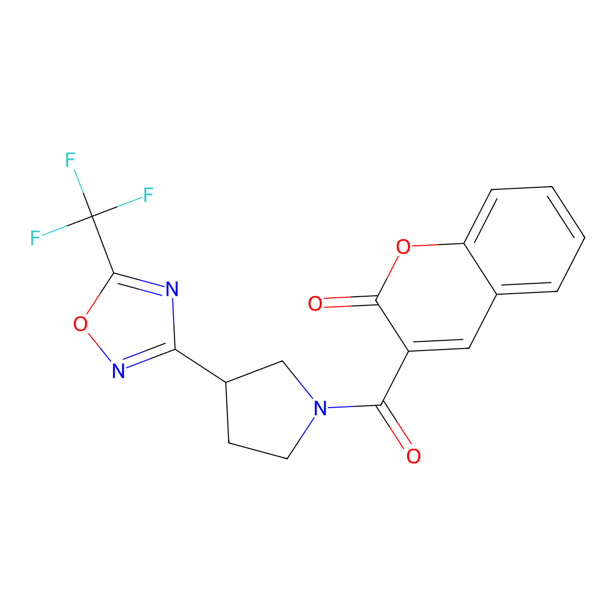 3-(3-(5-(trifluoromethyl)-1,2,4-oxadiazol-3-yl)pyrrolidine-1-carbonyl)-2H-chromen-2-one molecular structure, CAS 2034601-09-5