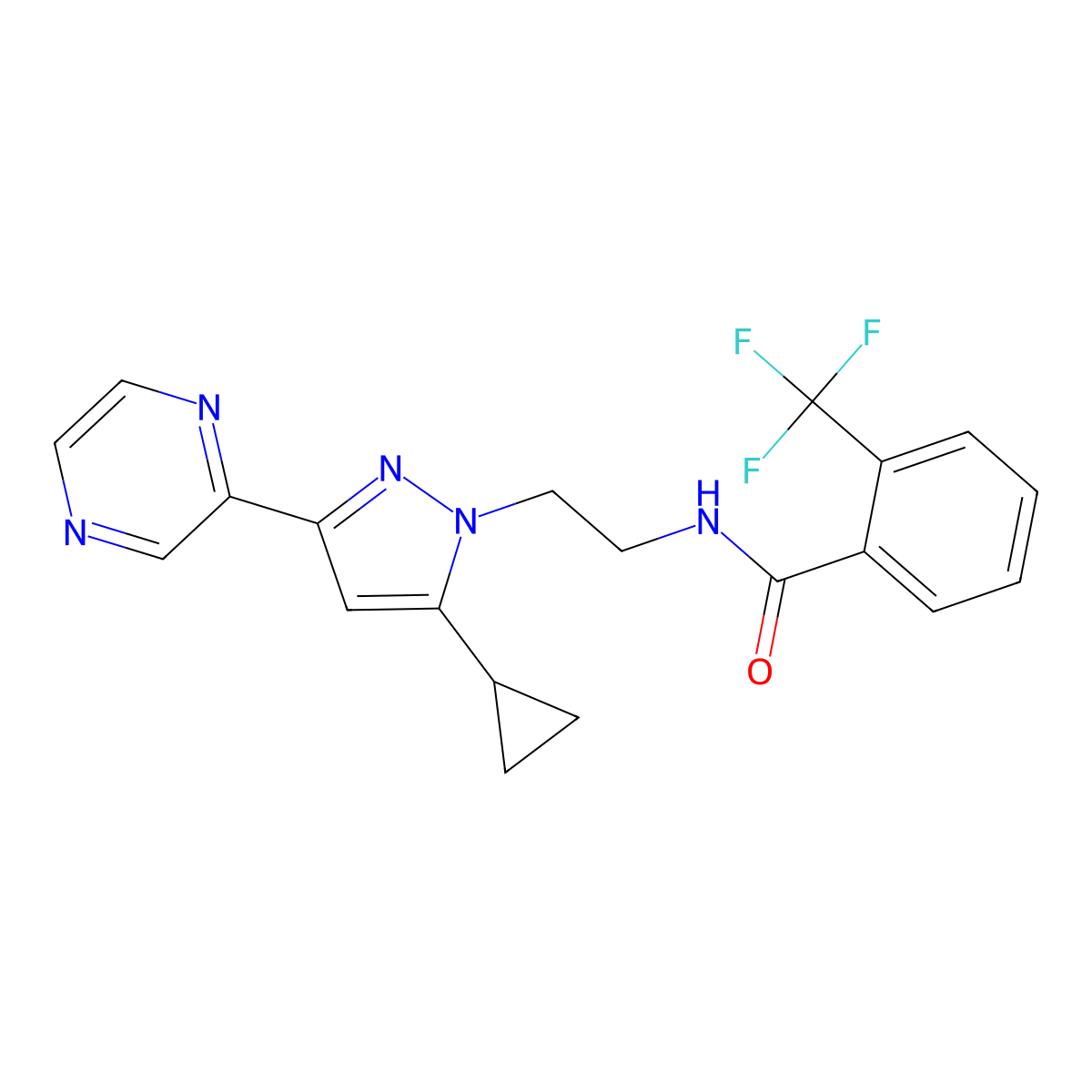 N-{2-[5-cyclopropyl-3-(pyrazin-2-yl)-1H-pyrazol-1-yl]ethyl}-2-(trifluoromethyl)benzamide molecular structure, CAS 2034601-12-0