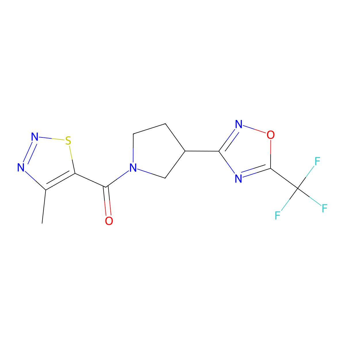 (4-Methyl-1,2,3-thiadiazol-5-yl)(3-(5-(trifluoromethyl)-1,2,4-oxadiazol-3-yl)pyrrolidin-1-yl)methanone molecular structure, CAS 2034601-16-4