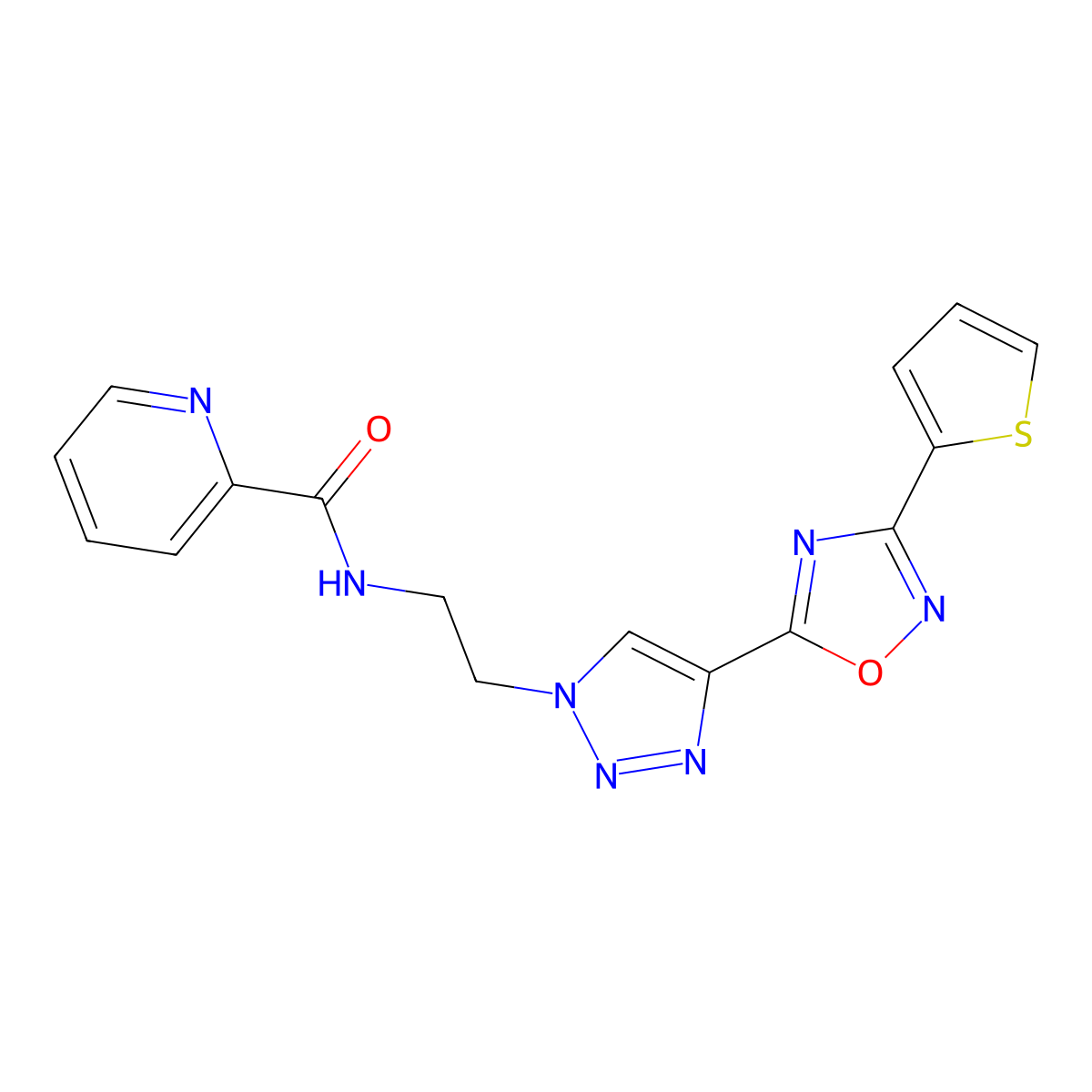 N-(2-(4-(3-(thiophen-2-yl)-1,2,4-oxadiazol-5-yl)-1H-1,2,3-triazol-1-yl)ethyl)picolinamide molecular structure, CAS 2034601-21-1