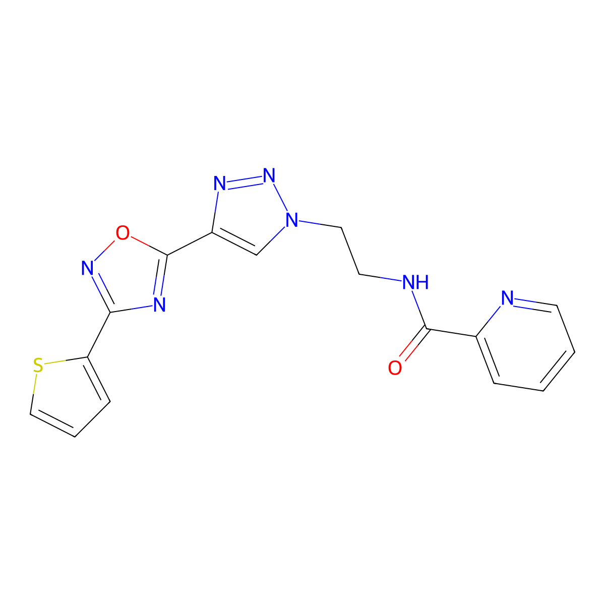 N-(2-(4-(3-(thiophen-2-yl)-1,2,4-oxadiazol-5-yl)-1H-1,2,3-triazol-1-yl)ethyl)picolinamide molecular structure, CAS 2034601-21-1