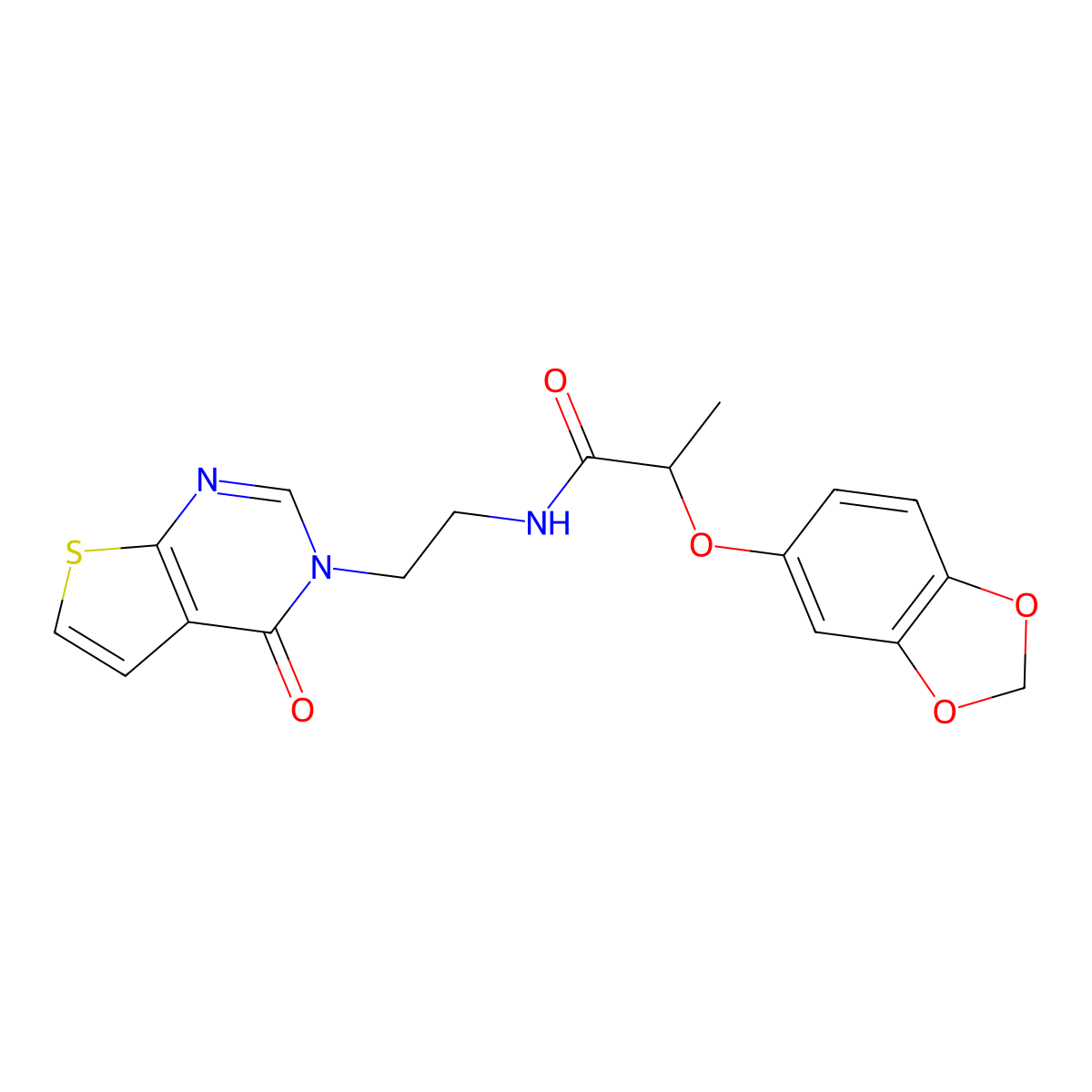 2-(benzo[d][1,3]dioxol-5-yloxy)-N-(2-(4-oxothieno[2,3-d]pyrimidin-3(4H)-yl)ethyl)propanamide molecular structure, CAS 2034601-24-4