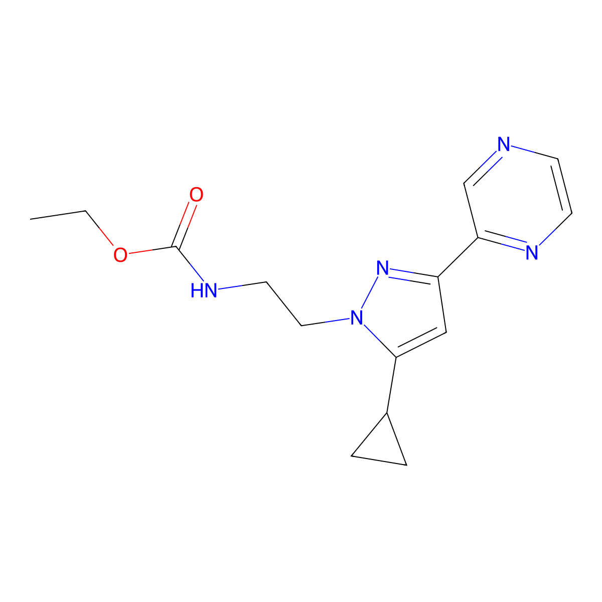 ethyl (2-(5-cyclopropyl-3-(pyrazin-2-yl)-1H-pyrazol-1-yl)ethyl)carbamate molecular structure, CAS 2034601-25-5