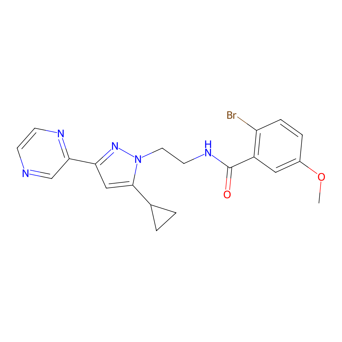 2-bromo-N-{2-[5-cyclopropyl-3-(pyrazin-2-yl)-1H-pyrazol-1-yl]ethyl}-5-methoxybenzamide molecular structure, CAS 2034601-29-9