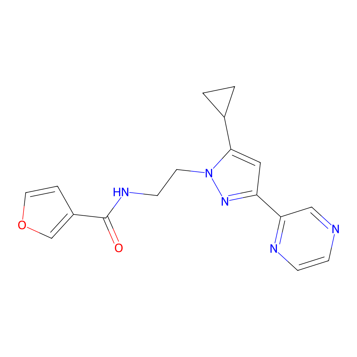N-{2-[5-cyclopropyl-3-(pyrazin-2-yl)-1H-pyrazol-1-yl]ethyl}furan-3-carboxamide molecular structure, CAS 2034601-36-8